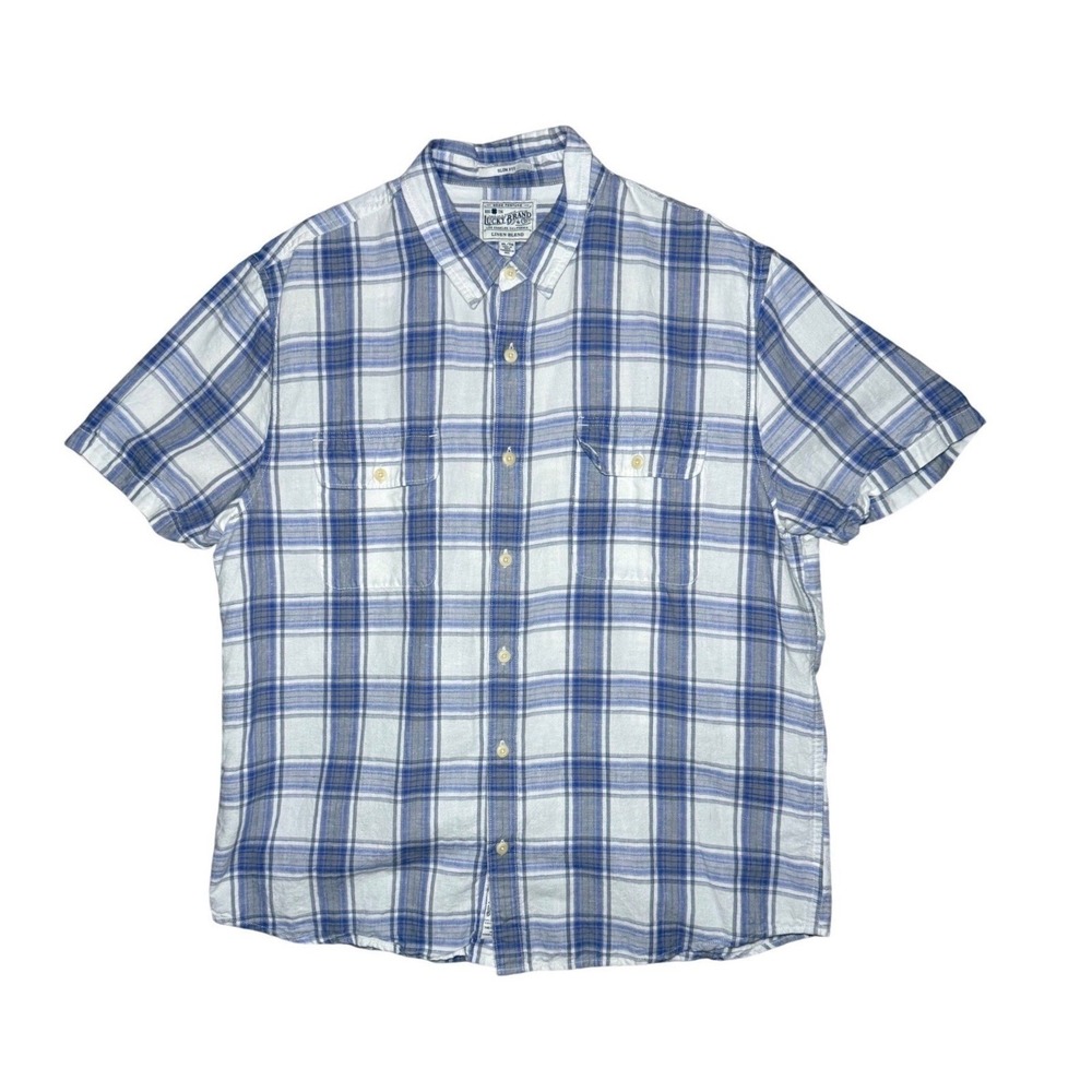 Lucky Brand Slim Fit Plaid Linen Button Up Shirt Mens XL Blue White Blend